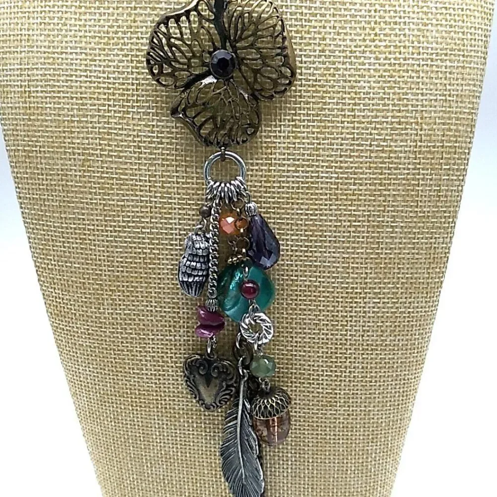 M&S Long Boho Charm Necklace Mixed Metals Colorful Beads Nature-Inspired Dangles